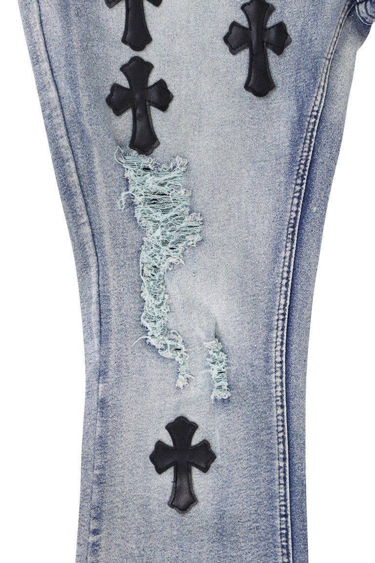 Crossed Patched Super Stacked Denim (Blue Wash) - Zamage