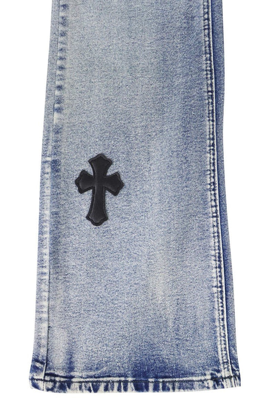 Crossed Patched Super Stacked Denim (Blue Wash) - Zamage