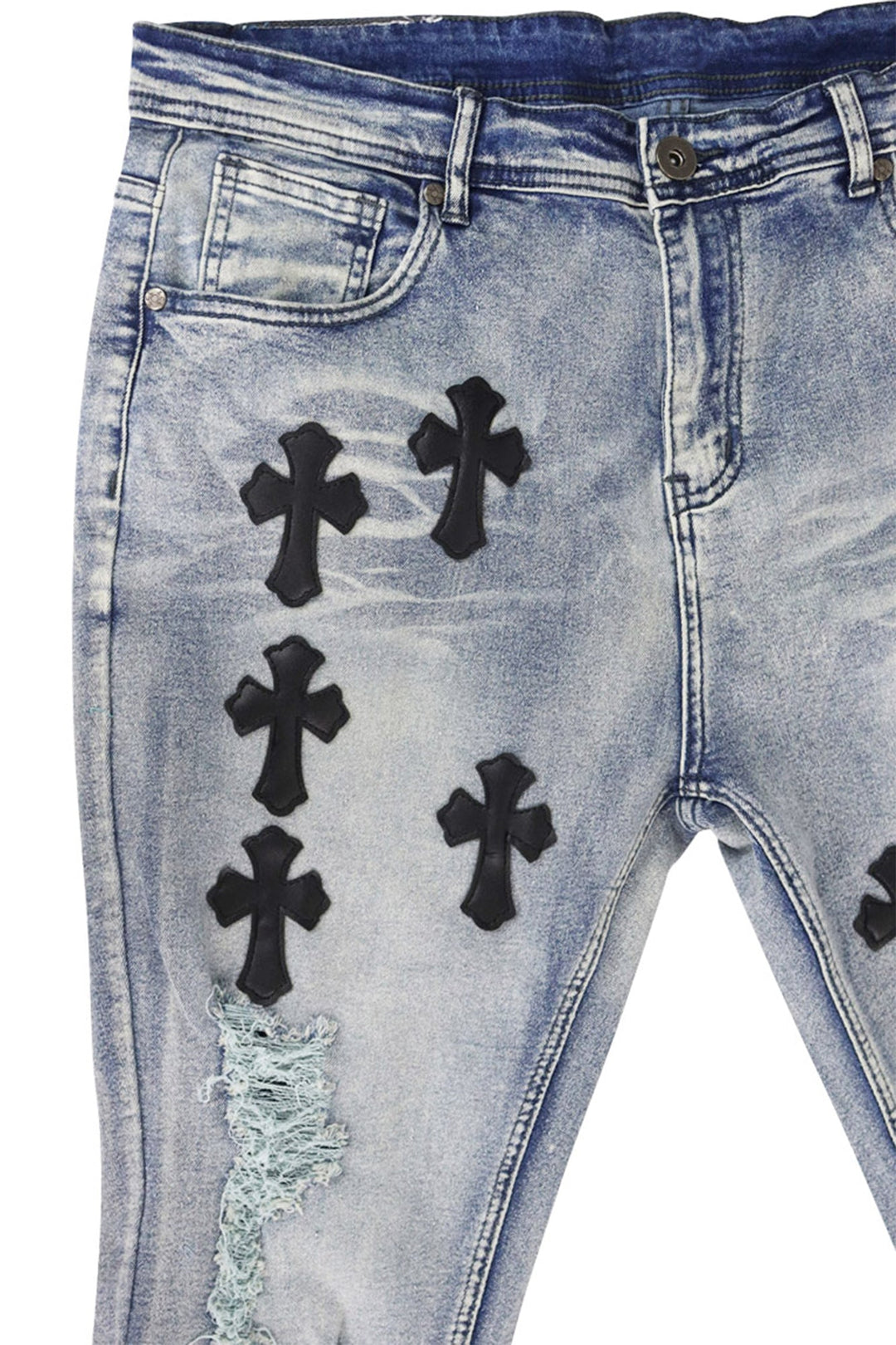 Crossed Patched Super Stacked Denim (Blue Wash) - Zamage