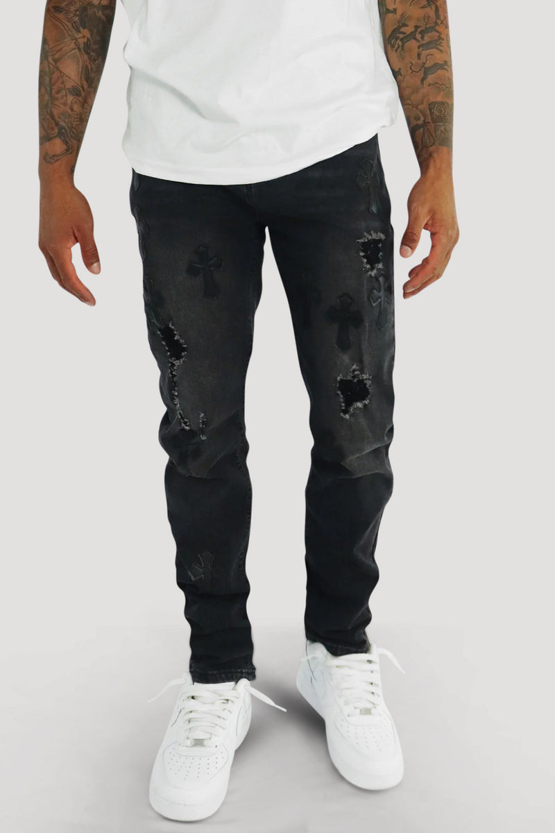 Crossed Patched Denim (Black Wash)