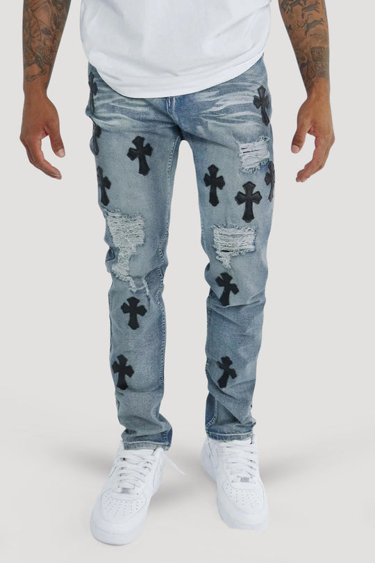 Gekruiste patch denim (blauwe wassing)