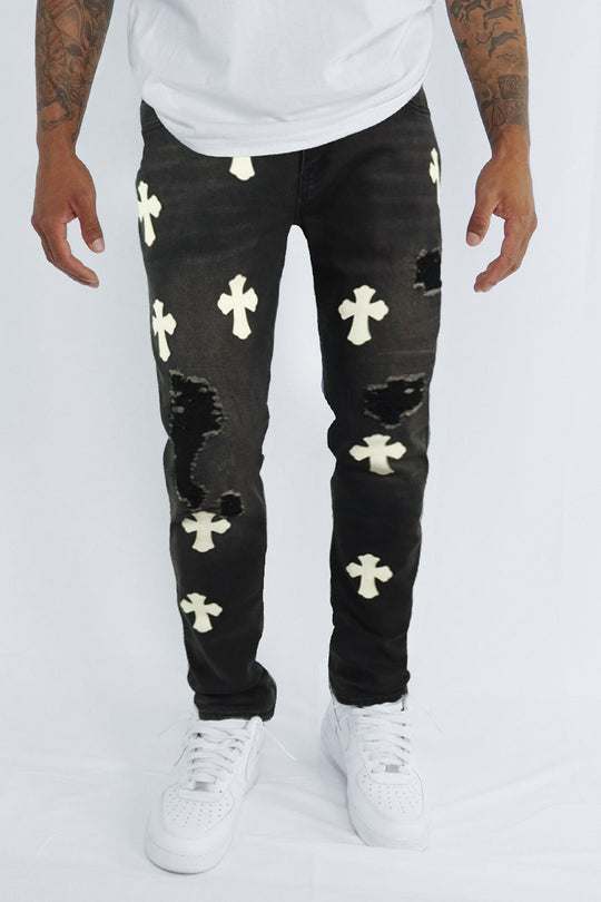 Crossed Patched Denim (Black-White)