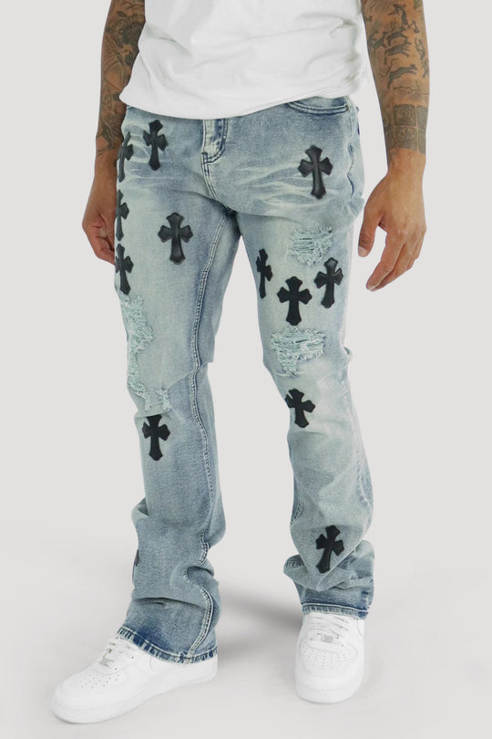 Crossed Patched Super Stacked Denim (Blue Wash)