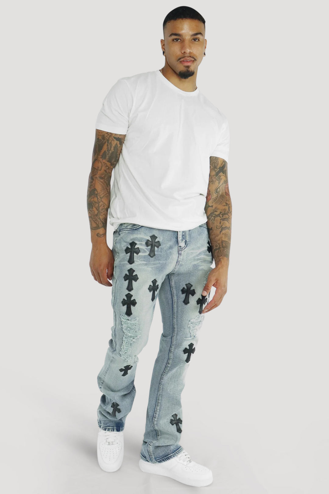 Crossed Patched Super Stacked Denim (Blue Wash)