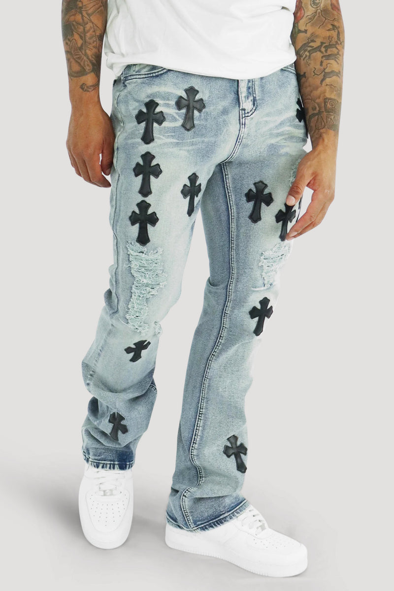 Crossed Patched Super Stacked Denim (Blue Wash)