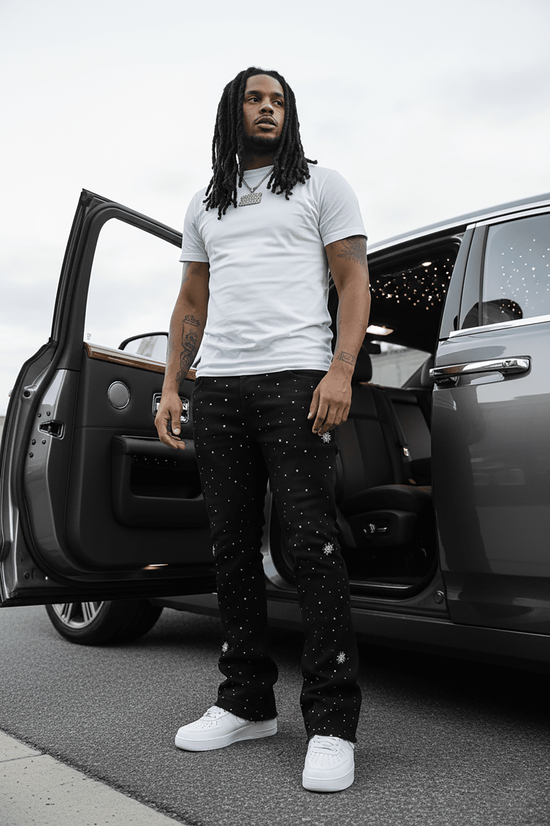 Crystal Wave Stacked Denim (Black) - Zamage