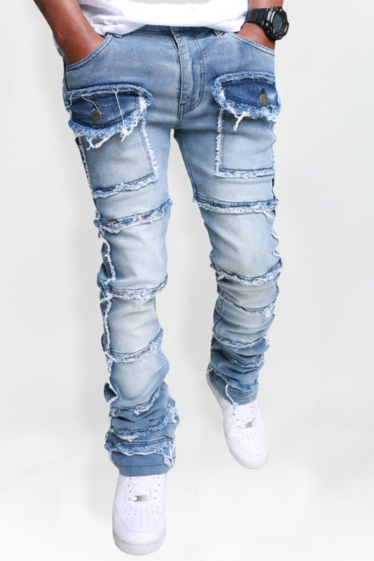 Shredded Pocket Stacked Denim (Medium Blue)