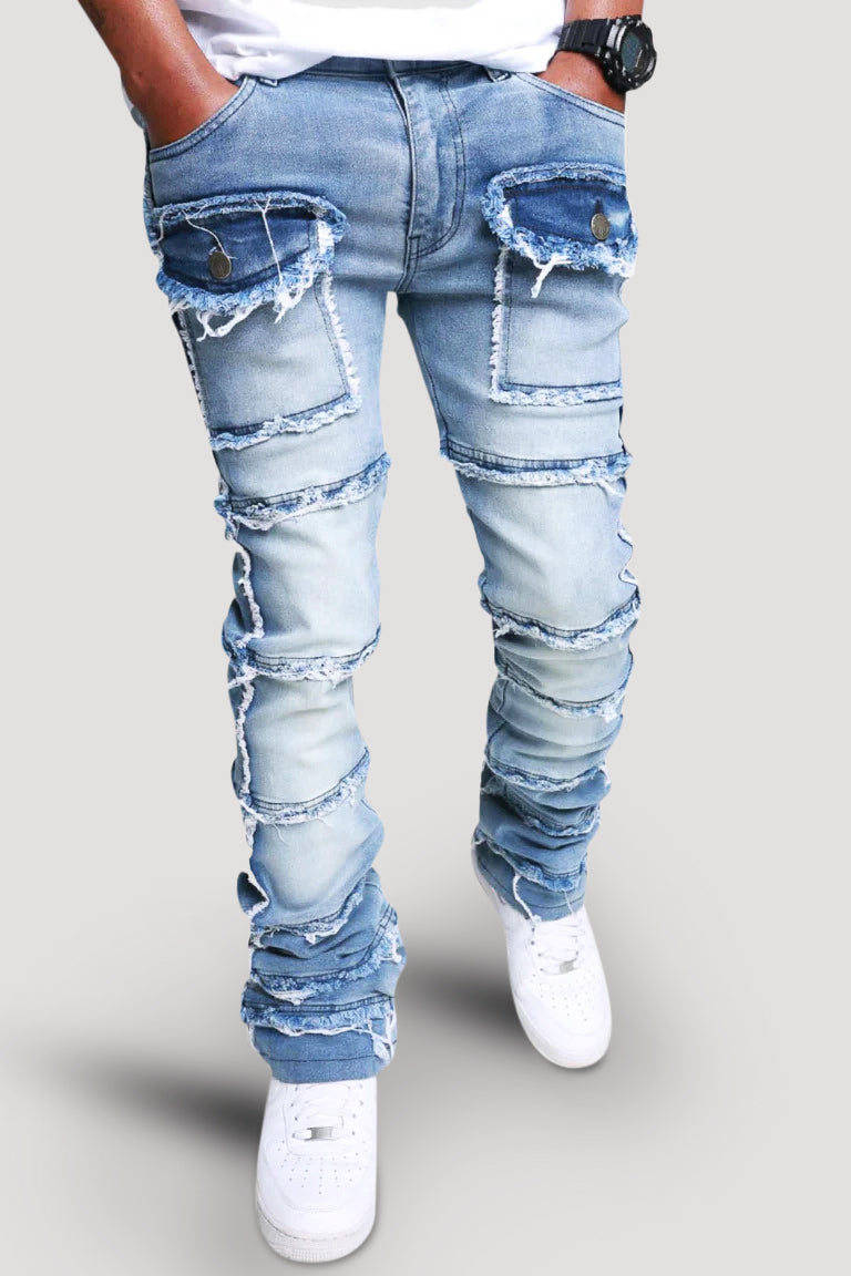 Shredded Pocket Stacked Denim (Medium Blue)