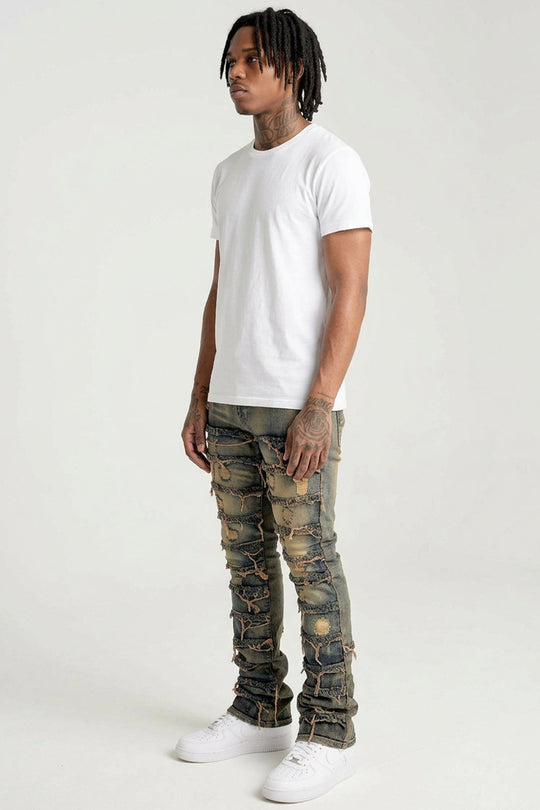 Distressed Layered Stacked Denim (Dark Indigo) (S3016T) - Zamage