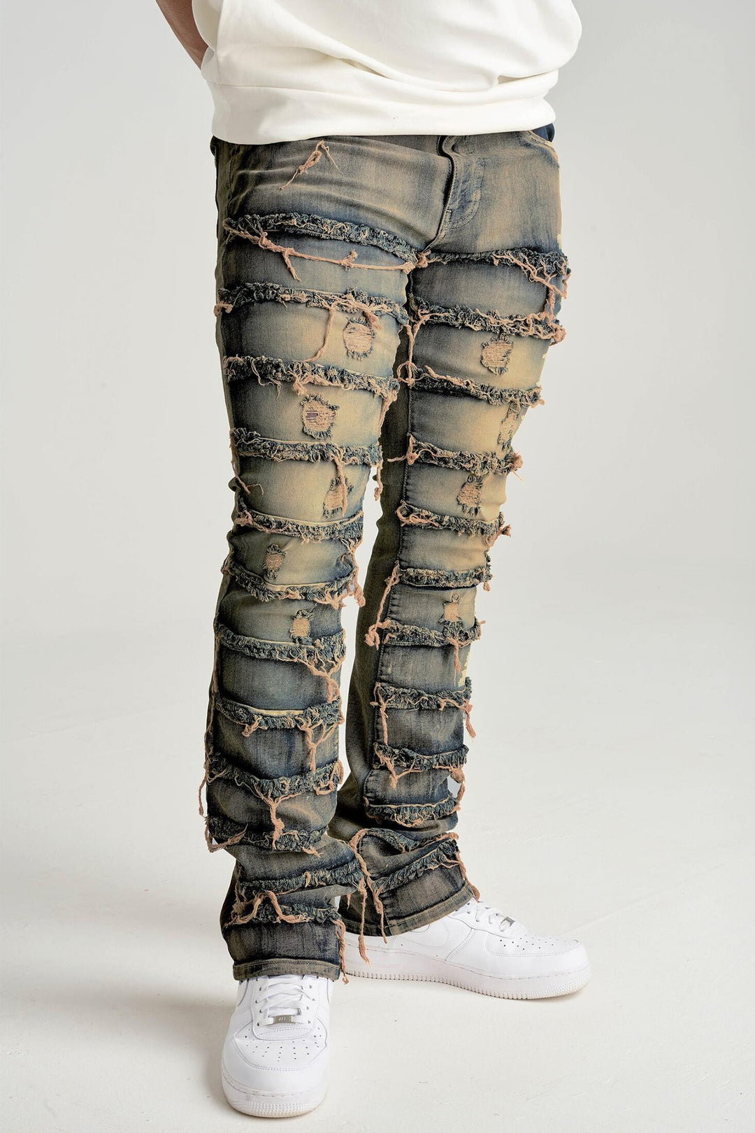 Distressed Layered Stacked Denim (Dark Indigo) (S3016T) - Zamage