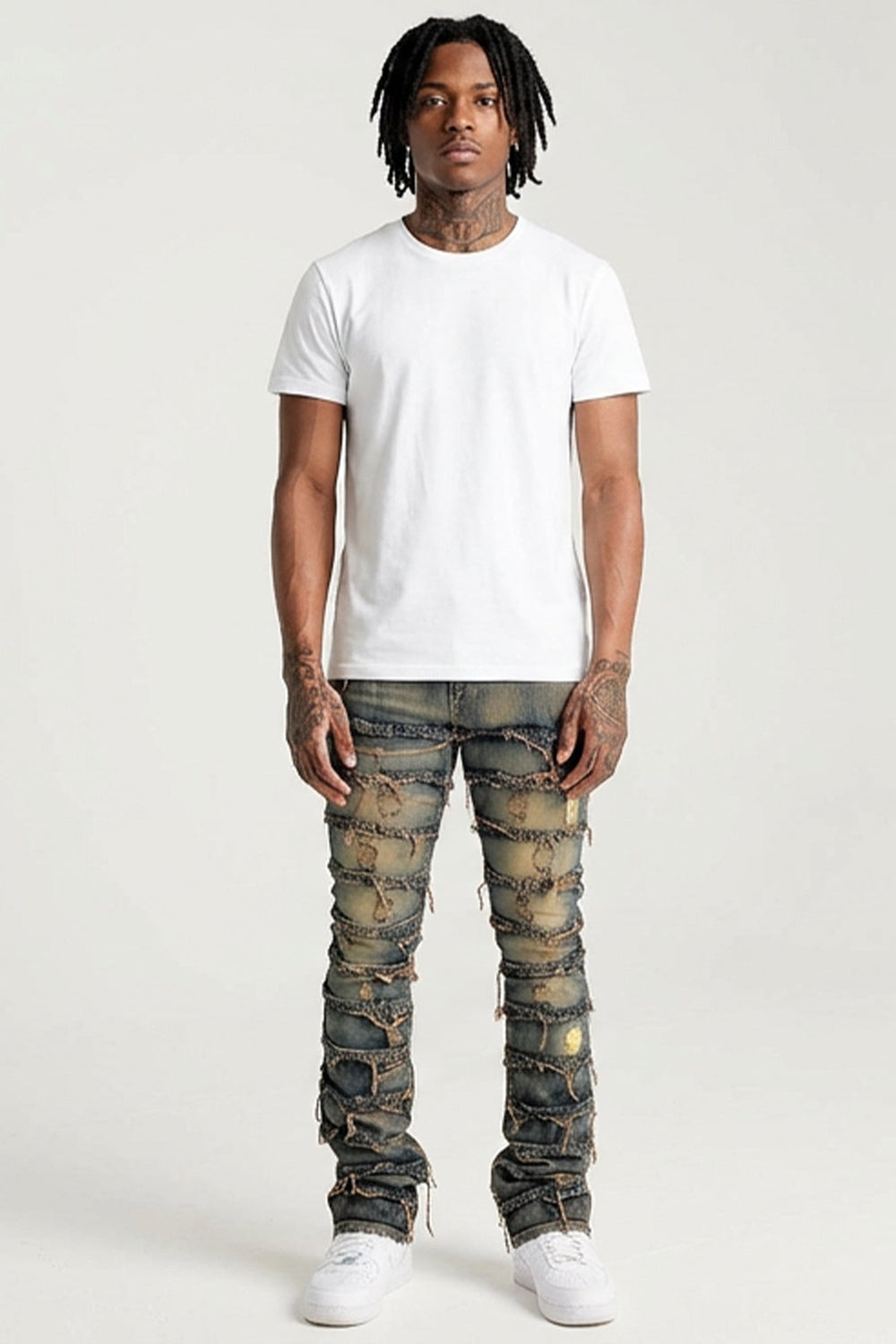 Distressed Layered Stacked Denim (Dark Indigo) (S3016T) - Zamage