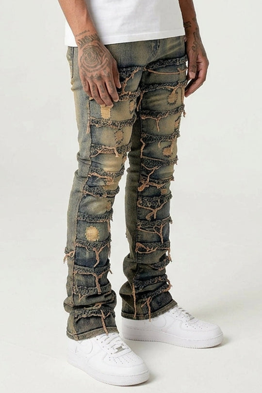 Distressed Layered Stacked Denim (Dark Indigo) (S3016T) - Zamage
