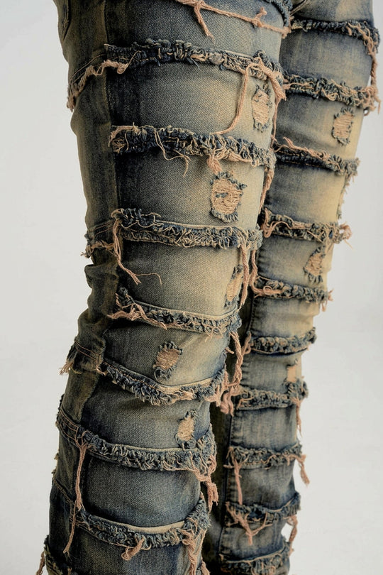 Distressed Layered Stacked Denim (Dark Indigo) (S3016T) - Zamage