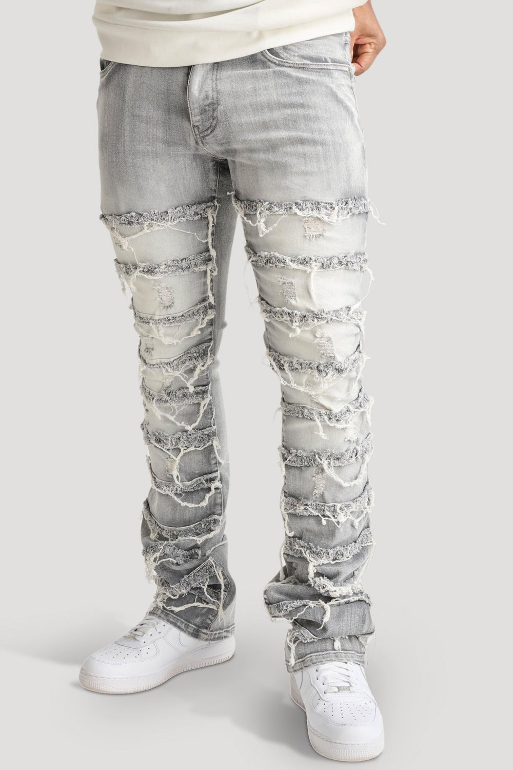 Distressed Layered Stacked Denim (Grey) (S3016) - Zamage