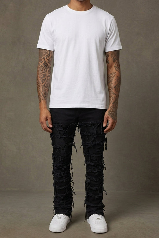 Distressed Layered Stacked Denim (Jet Black) - Zamage