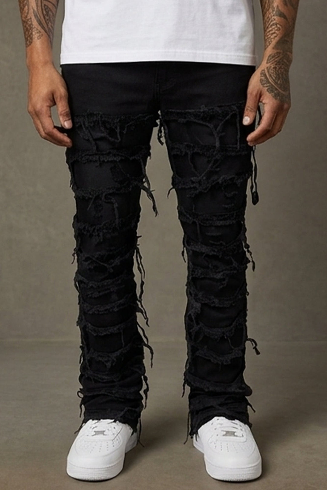 Distressed Layered Stacked Denim (Jet Black) - Zamage
