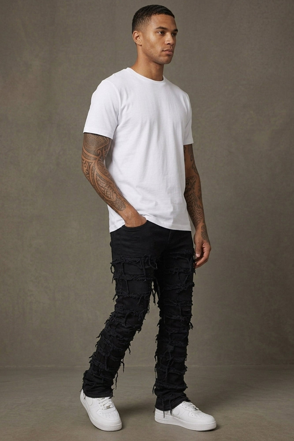 Distressed Layered Stacked Denim (Jet Black) - Zamage