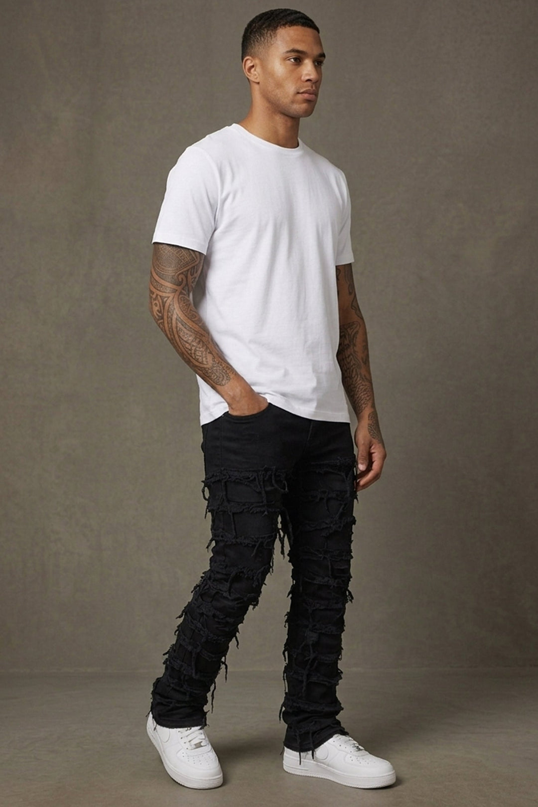 Distressed Layered Stacked Denim (Jet Black) - Zamage