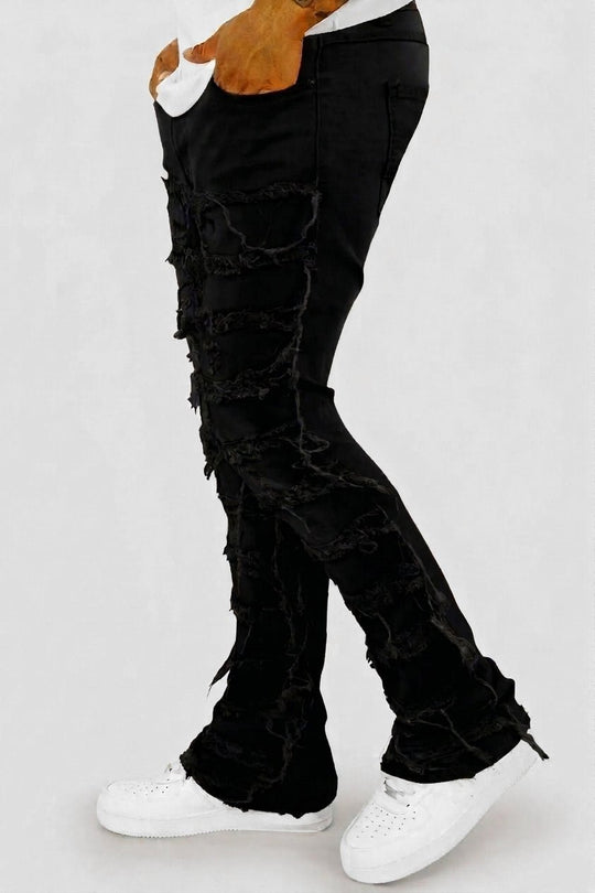 Distressed Layered Stacked Denim (Jet Black) - Zamage