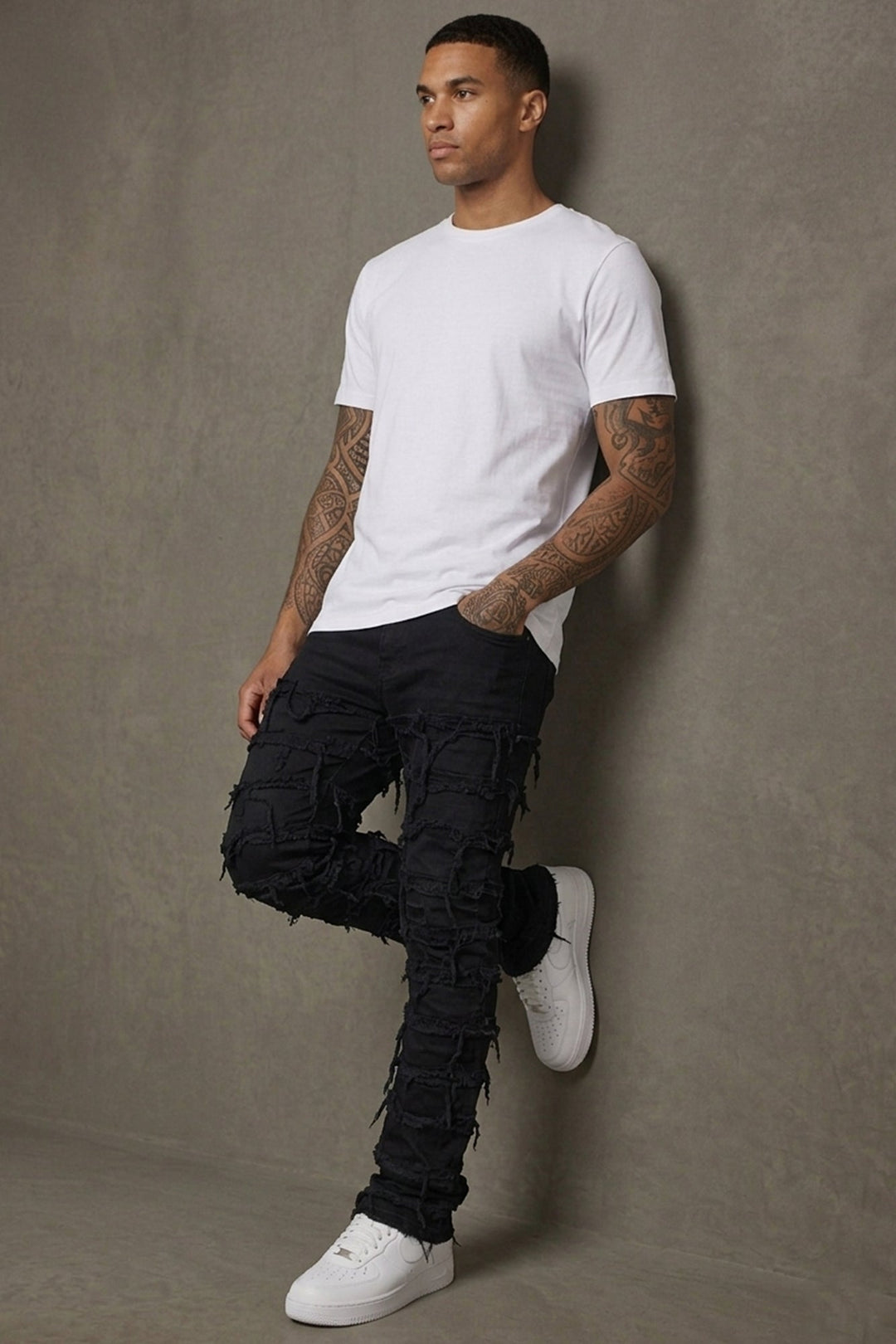 Distressed Layered Stacked Denim (Jet Black) - Zamage