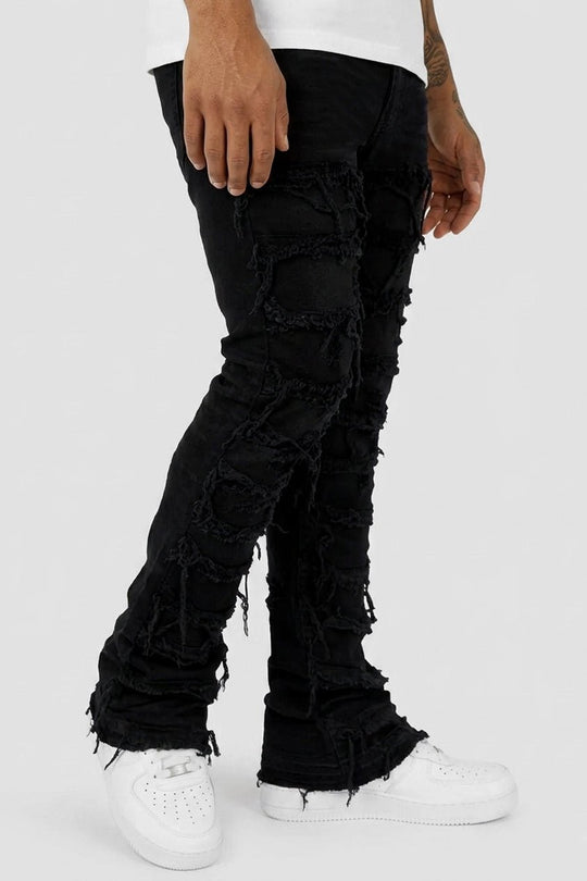 Distressed Layered Stacked Denim (Jet Black) - Zamage