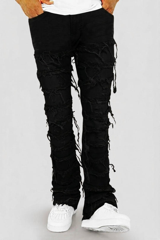 Distressed Layered Stacked Denim (Jet Black) - Zamage