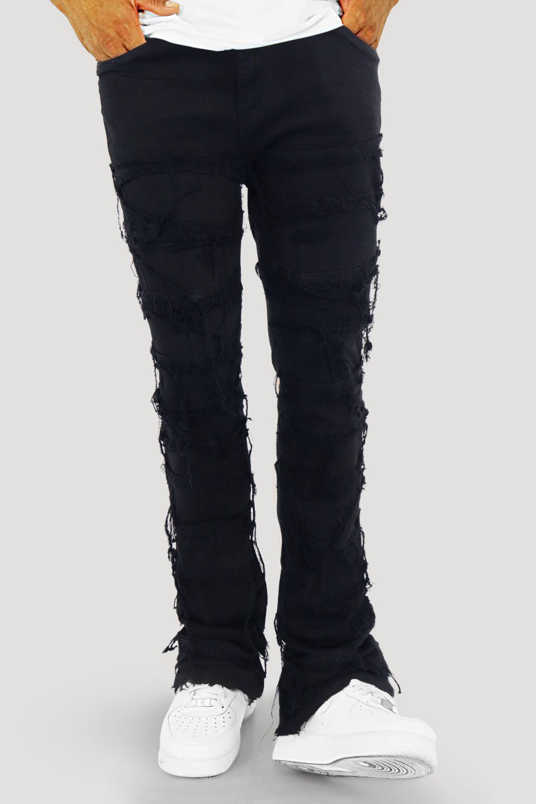Distressed Layered Stacked Denim (Jet Black) (S3016) - Zamage