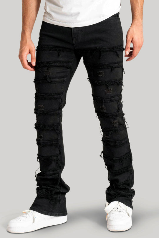 Distressed Layered Stacked Denim (Jet Black) (S3016) - Zamage