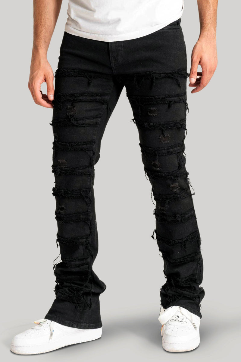 Distressed Layered Stacked Denim (Jet Black) (S3016) - Zamage