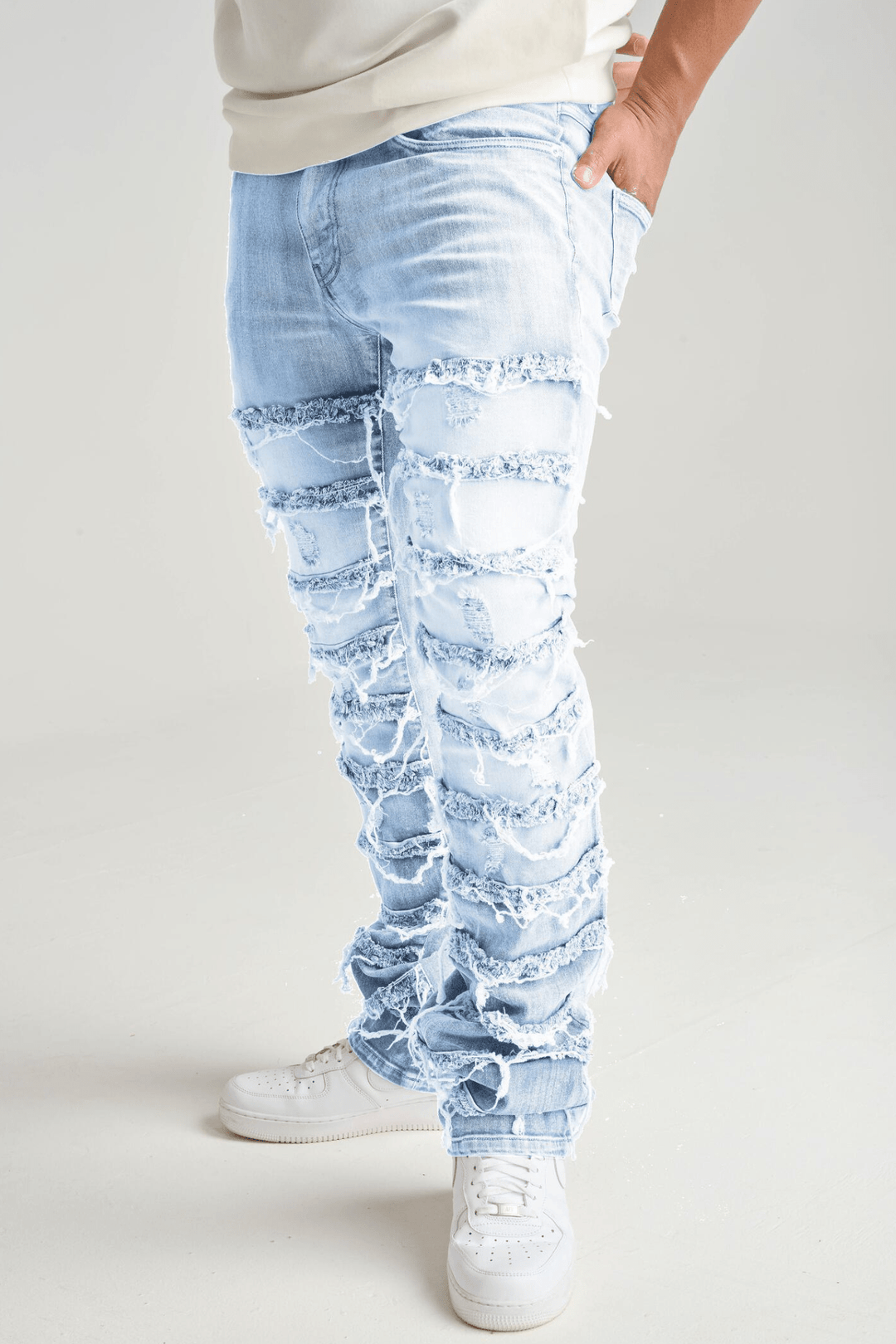 Distressed Layered Stacked Denim (Light Blue) (S3016) - Zamage