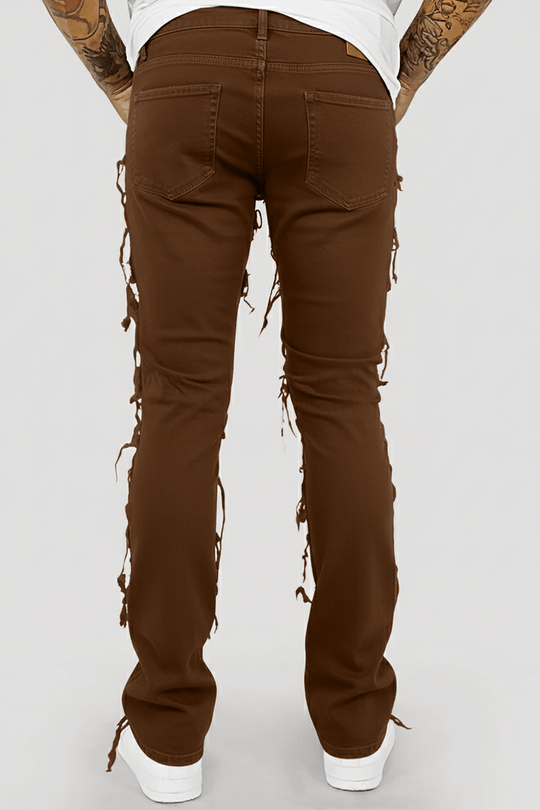 Distressed Layered Twill Stacked Denim (Brown) (S3016T) - Zamage