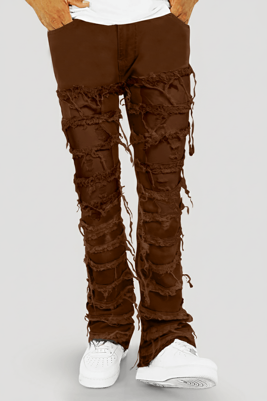 Distressed Layered Twill Stacked Denim (Brown) (S3016T) - Zamage