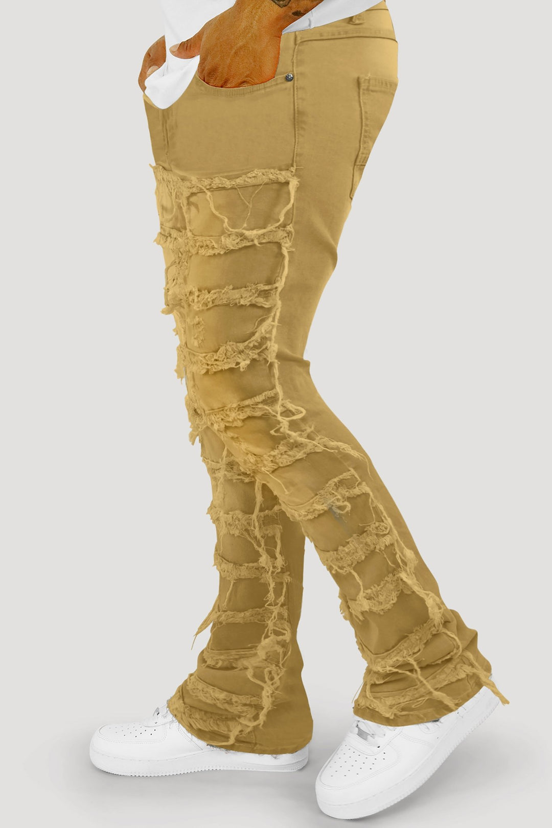 Distressed Layered Twill Stacked Denim (Khaki) (S3016T) - Zamage