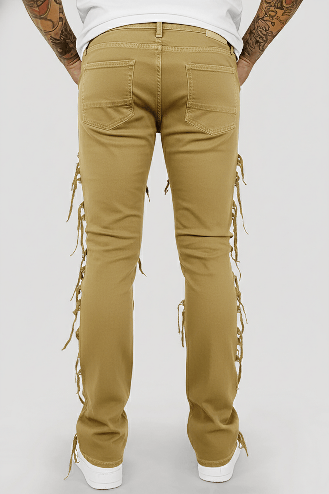 Distressed Layered Twill Stacked Denim (Khaki) (S3016T) - Zamage