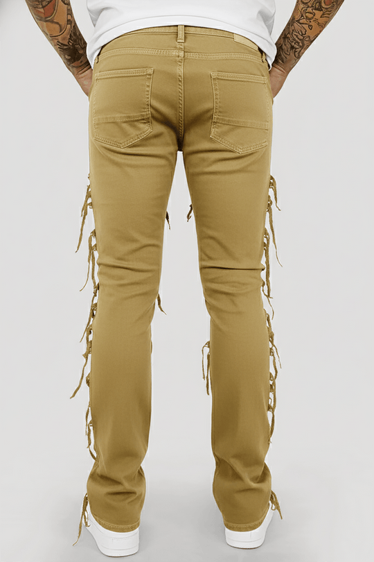 Distressed Layered Twill Stacked Denim (Khaki) (S3016T) - Zamage