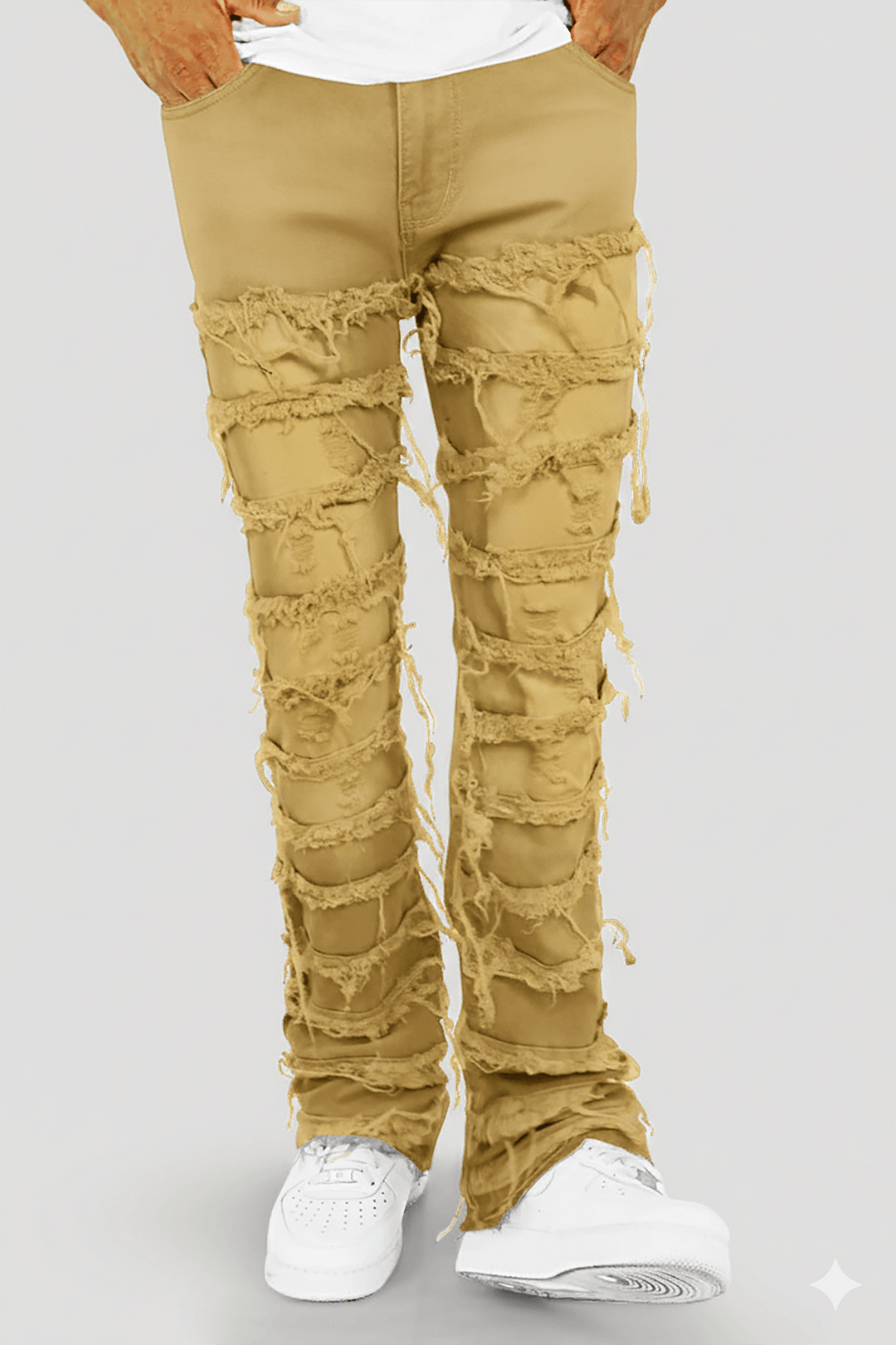 Distressed Layered Twill Stacked Denim (Khaki) (S3016T) - Zamage