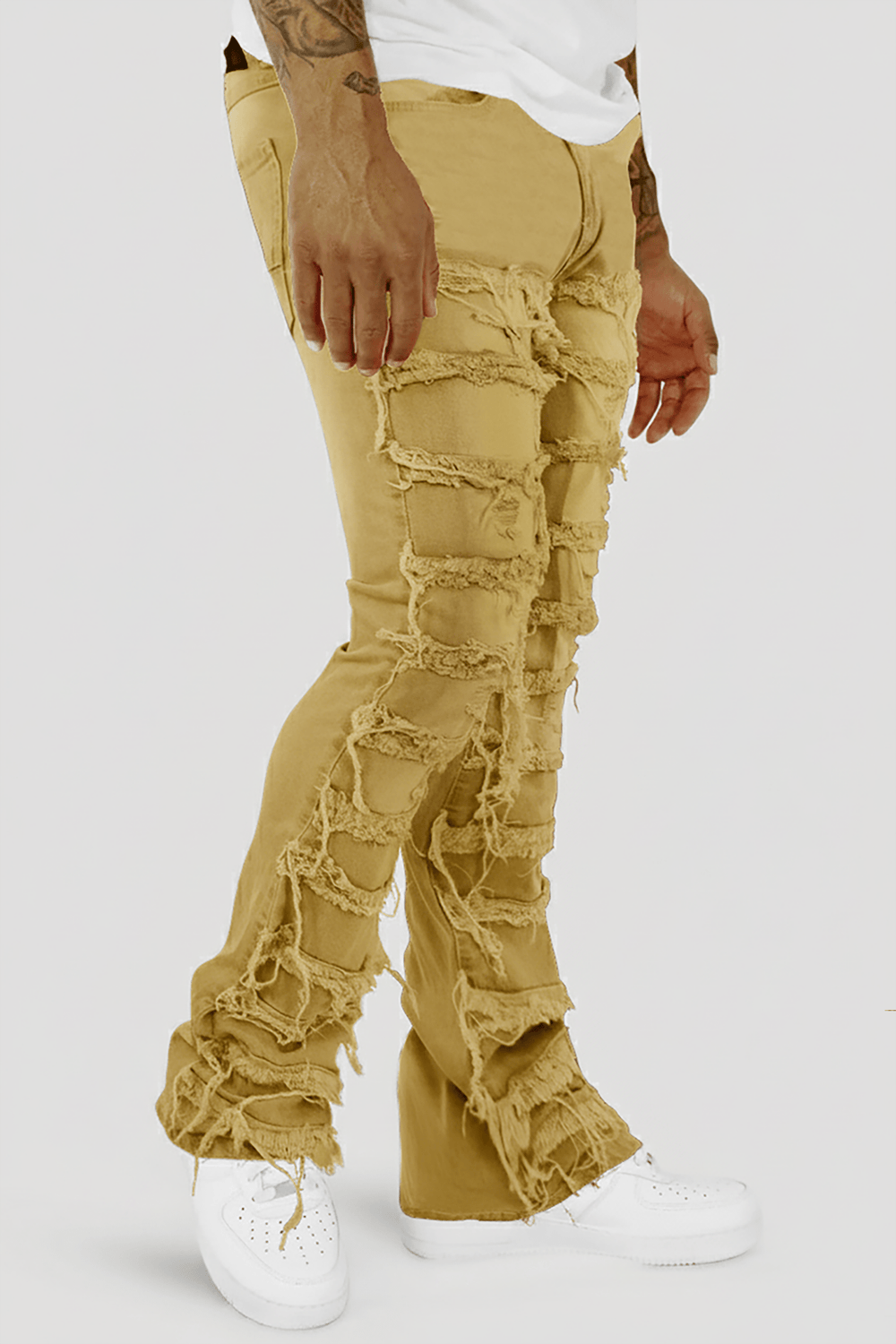 Distressed Layered Twill Stacked Denim (Khaki) (S3016T) - Zamage