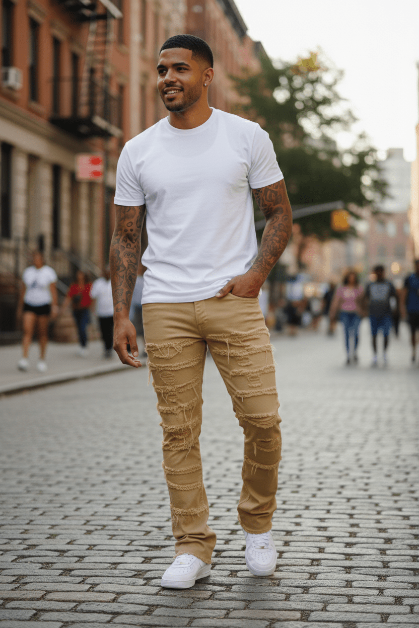 Distressed Layered Twill Stacked Denim (Khaki) (S3016T) - Zamage