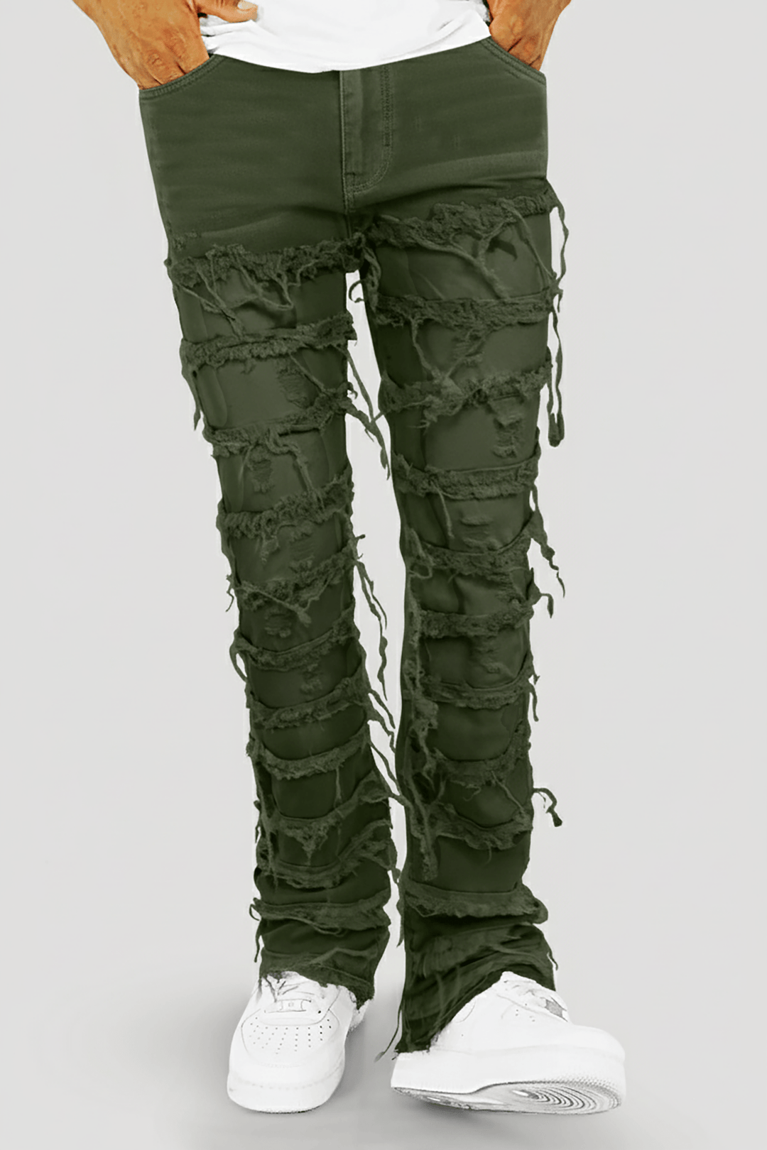 Distressed Layered Twill Stacked Denim (Olive) (S3016T) - Zamage