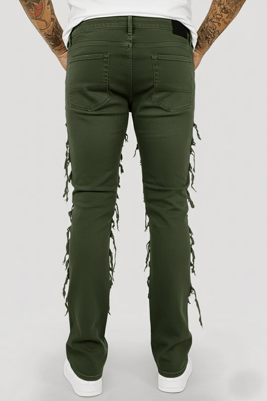 Distressed Layered Twill Stacked Denim (Olive) (S3016T) - Zamage