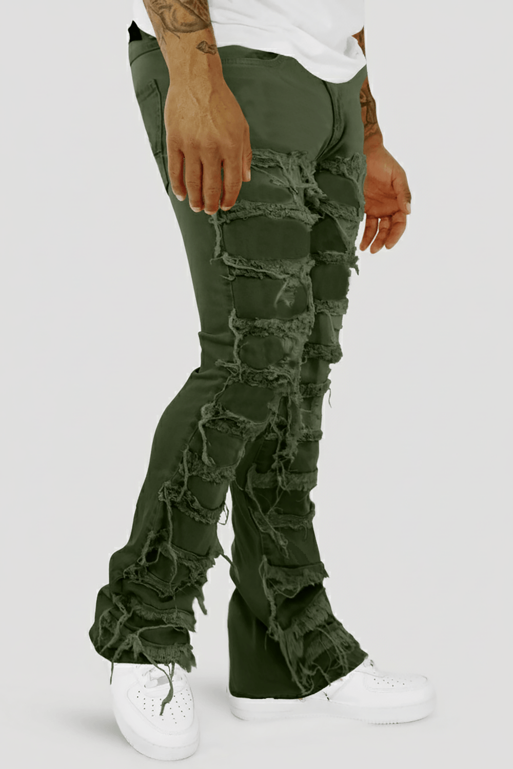 Distressed Layered Twill Stacked Denim (Olive) (S3016T) - Zamage