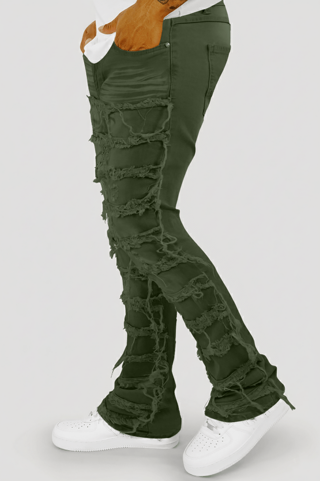 Distressed Layered Twill Stacked Denim (Olive) (S3016T) - Zamage