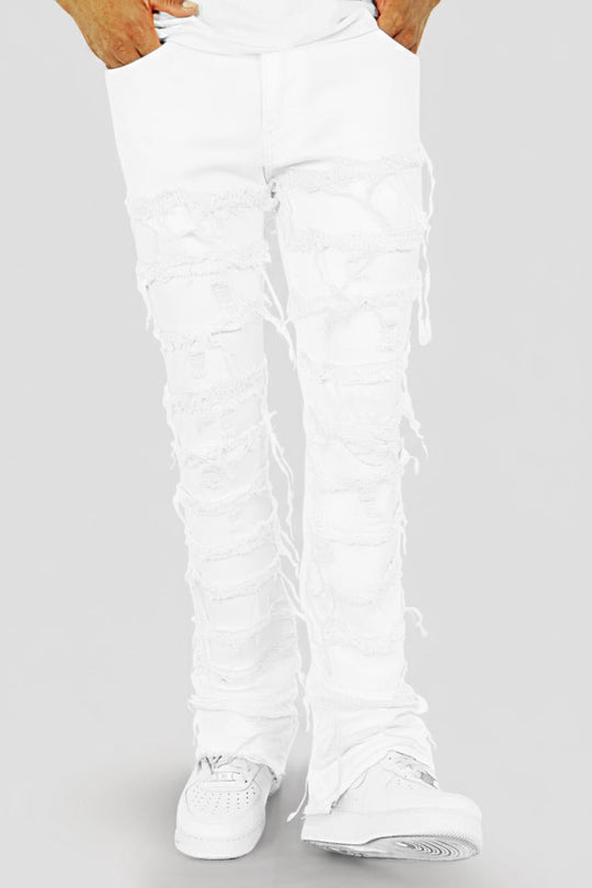 Distressed Layered Twill Stacked Denim (White) (S3016T) - Zamage