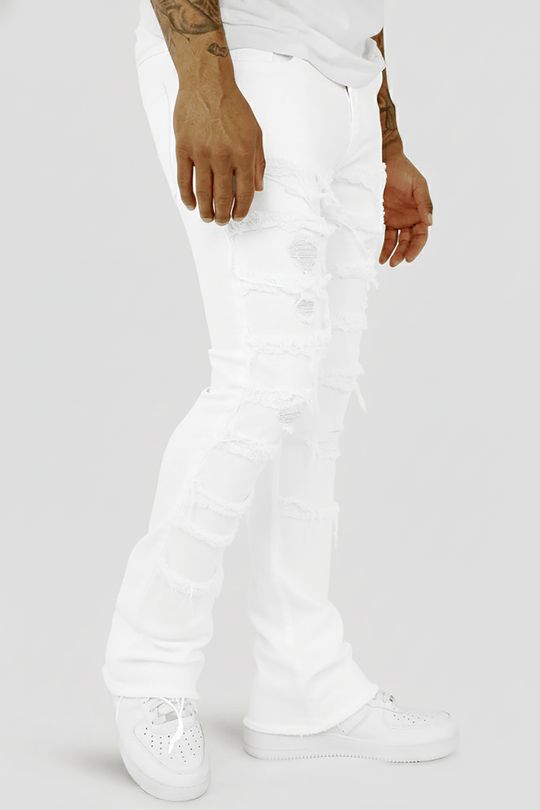 Distressed Layered Twill Stacked Denim (White) (S3016T) - Zamage