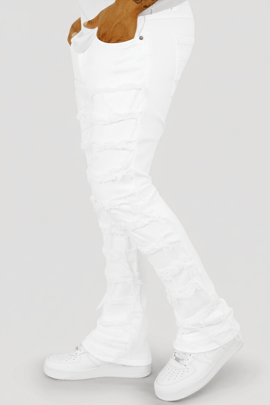 Distressed Layered Twill Stacked Denim (White) (S3016T) - Zamage