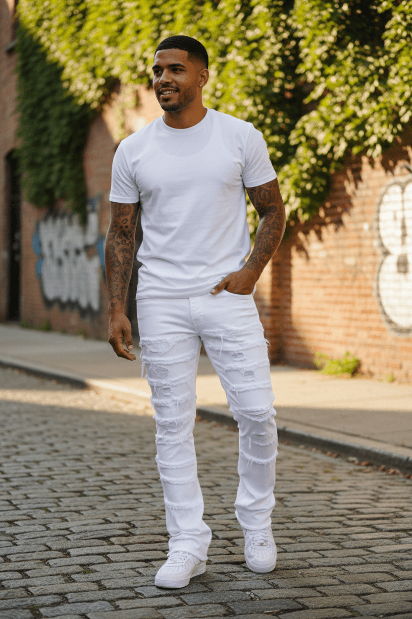 Distressed Layered Twill Stacked Denim (White) (S3016T) - Zamage