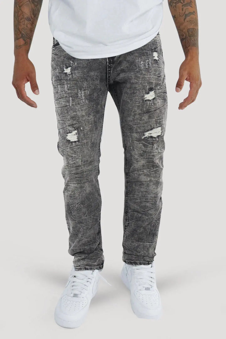 Distressed Slim Fit Denim (Black Acid Wash) (M8344D) - Zamage