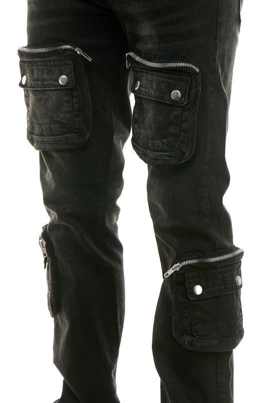 Nightshade Zip Cargo Stacked Denim (Black Wash)