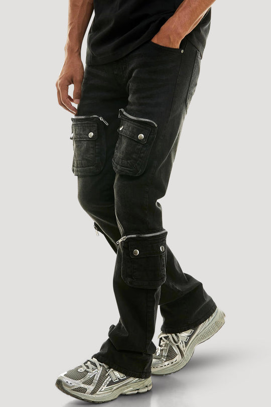 Nightshade Zip Cargo Stacked Denim (Black Wash)