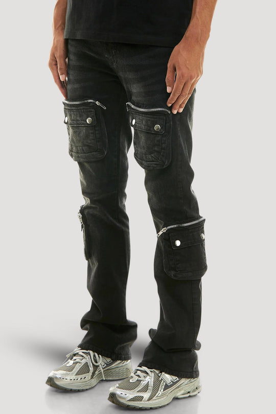 Nightshade Zip Cargo Stacked Denim (Black Wash)